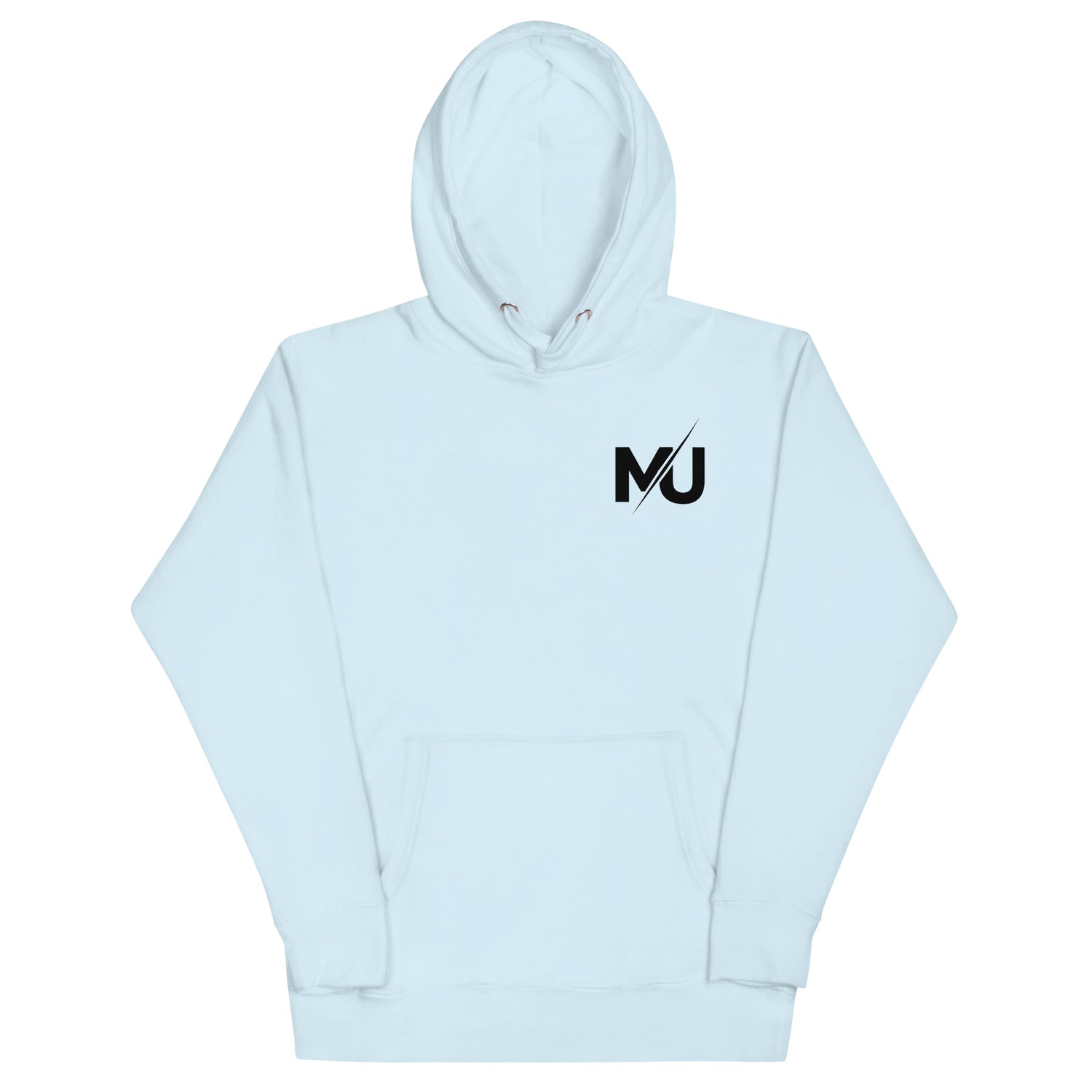 Sudadera con capucha MILLE URBAN de color azul claro con el logo MU en el pecho. Vista frontal de la prenda.