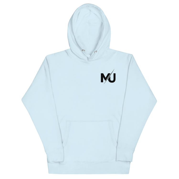 Sudadera con capucha MILLE URBAN de color azul claro con el logo MU en el pecho. Vista frontal de la prenda.