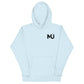 Sudadera con capucha MILLE URBAN de color azul claro con el logo MU en el pecho. Vista frontal de la prenda.