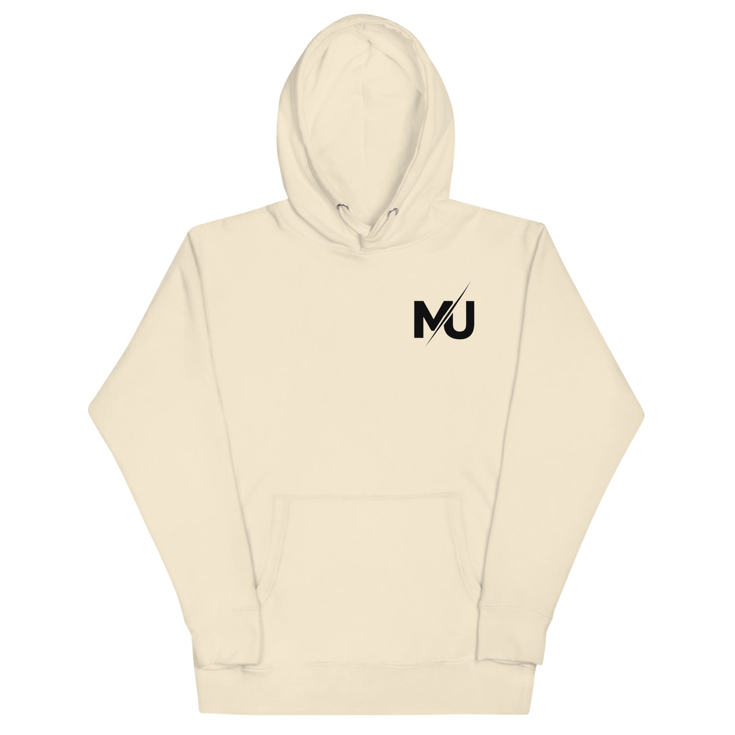 Sudadera con capucha MILLE URBAN de color hueso con el logo MU en el pecho. Vista frontal de la prenda.