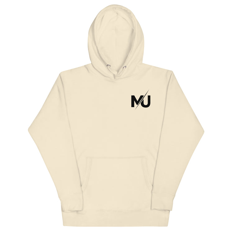 Sudadera con capucha MILLE URBAN de color hueso con el logo MU en el pecho. Vista frontal de la prenda.