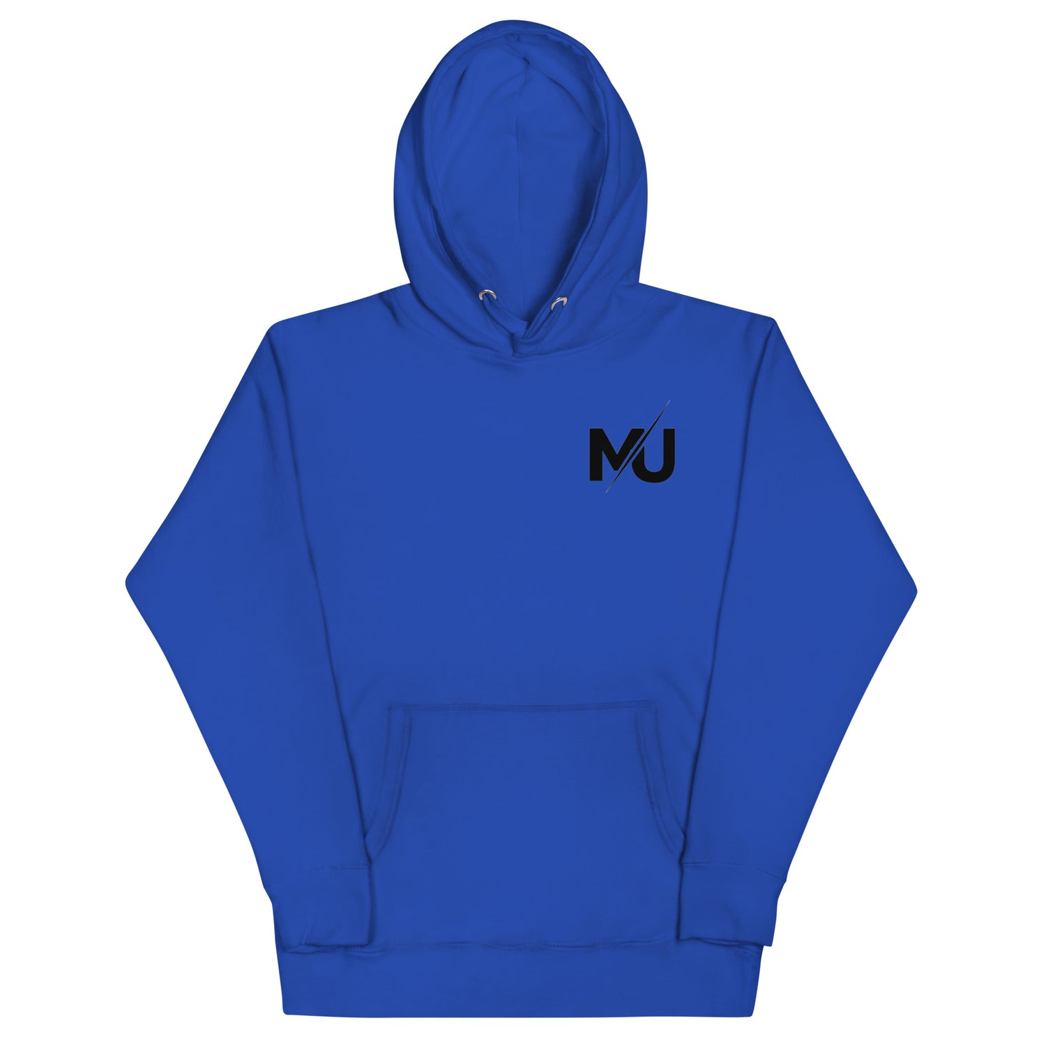 Sudadera con capucha MILLE URBAN de color azul royal con el logo MU en negro en el pecho. Vista frontal.