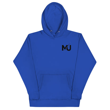 Sudadera con capucha MILLE URBAN de color azul royal con el logo MU en negro en el pecho. Vista frontal.