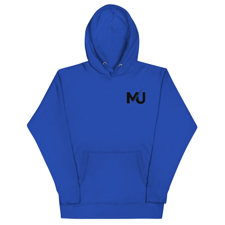 Sudadera con capucha MILLE URBAN de color azul royal con el logo MU en negro en el pecho. Vista frontal.