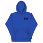 Sudadera con capucha MILLE URBAN de color azul royal con el logo MU en negro en el pecho. Vista frontal.
