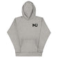 Sudadera con capucha MILLE URBAN de color gris con el logo MU en el pecho. Vista frontal.