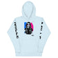 Sudadera con capucha MILLE ECO de color azul cielo con diseño de artista en el pecho y logos en las mangas. Vista frontal del producto.