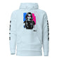Sudadera con capucha MILLE ECO de color azul cielo con diseño de artista en el pecho y logos en las mangas. Vista frontal.