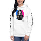 Sudadera con capucha MILLE ECO de color blanco con diseño de artista en el pecho y logos en las mangas. Vista frontal en plano medio con modelo sonriendo.