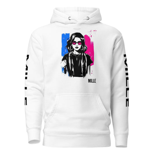 Sudadera con capucha MILLE ECO de color blanco con diseño de artista en el pecho y logos en las mangas. Vista frontal.