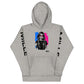 Sudadera con capucha MILLE ECO de color gris carbón con diseño de artista en el pecho y logos en las mangas. Vista frontal.