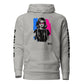 Sudadera con capucha MILLE ECO de color gris carbón con diseño de artista en el pecho y logos en las mangas. Vista frontal.