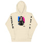 Sudadera con capucha MILLE ECO de color hueso con diseño de artista en el pecho y logos en las mangas. Vista frontal del producto.