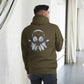 Sudadera con capucha MILLE FRECUENCIA de color verde militar con diseño de auriculares y manos en la espalda. Vista trasera con modelo.