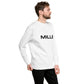 Sudadera MILLE Origin LS de color blanco con logo MILLE en el pecho. Vista del perfil derecho con modelo.