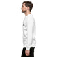 Sudadera MILLE Origin LS de color blanco con logo MILLE en el pecho. Vista del perfil izquierdo con modelo.