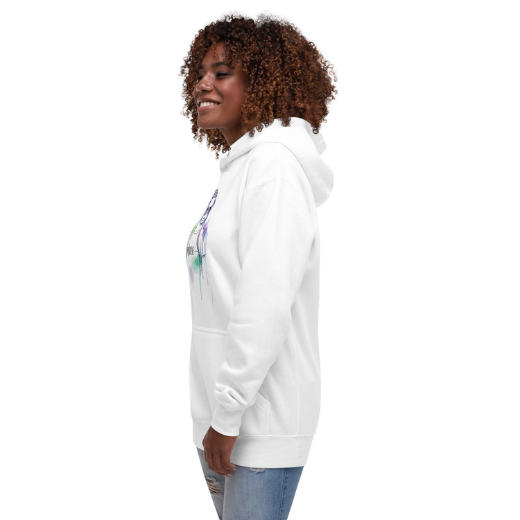 Sudadera con capucha MILLE VIBRA de color blanco con diseño artístico de chica con trenzas. Vista del perfil izquierdo con modelo.