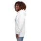 Sudadera con capucha MILLE VIBRA de color blanco con diseño artístico de chica con trenzas. Vista del perfil izquierdo con modelo.