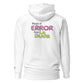 Sudadera con capucha MILLE VIBRA de color blanco con la frase "Mejor el Error Que La Duda" en la espalda y detalle de M bordada en la muñeca. Vista trasera.