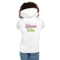 Sudadera con capucha MILLE VIBRA de color blanco con la frase "Mejor el Error Que La Duda" en la espalda. Vista trasera con modelo.